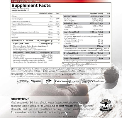 PMD Sports Pump Fuel All in Insanity - Ultimate Muscle Pump Supplement & Pre Workout Powder - Maximum Energy and Focus with Premium Creatine, Beta Alanine & More -Surgin’ Cherry Slush (20 Servings)