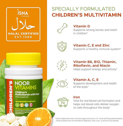Noor Vitamins Halal Kids Multivitamin Chewable: Essential Vitamins for Immune, Bone & Eye Health with Iron - Non GMO & Gluten Free - Halal Vitamins 60 Count (2 Month Supply)
