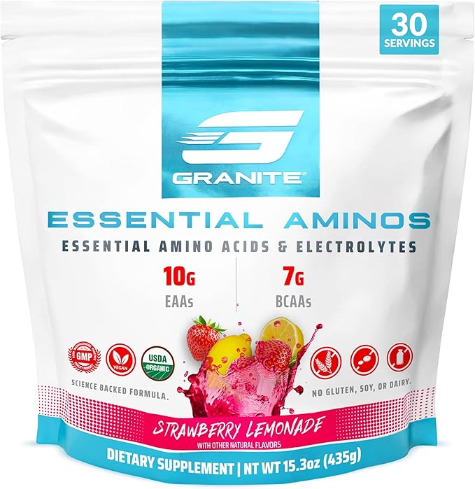 Granite 10g Essential Amino Acids Powder | Muscle Recovery Supplement for Muscle Growth | 7g BCAA Powder with Electrolytes | 30 Servings | Strawberry Lemonade Flavor | Soy & Gluten Free | Made in USA
