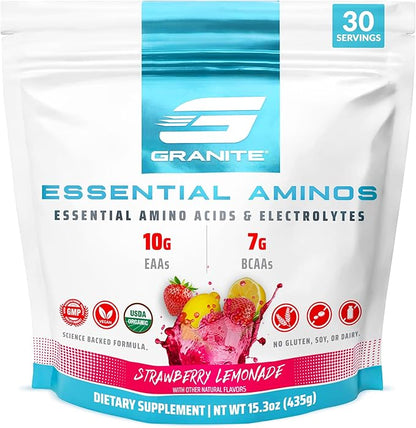 Granite 10g Essential Amino Acids Powder | Muscle Recovery Supplement for Muscle Growth | 7g BCAA Powder with Electrolytes | 30 Servings | Strawberry Lemonade Flavor | Soy & Gluten Free | Made in USA