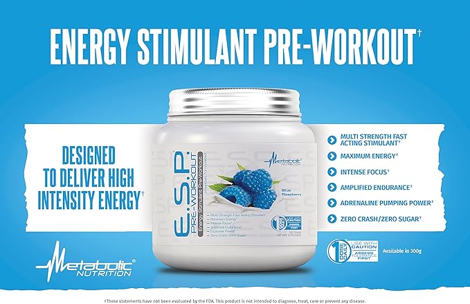 Metabolic Nutrition - ESP - Stimulating Pre Workout, Pre Intra Workout Supplement, Energy & Endurance Stimulating, Natural, Safe & Mental Focus, Watermelon 300 Grams (90 Servings)