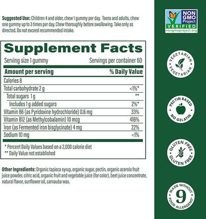 MegaFood Iron Energy Gummies - Vegan & Gluten-Free Iron Supplement for Women, Men, Teens & Kids with Vitamin B12 & B6, from The Makers of Blood Builder Iron Supplement, Strawberry Flavor - 60 Gummies