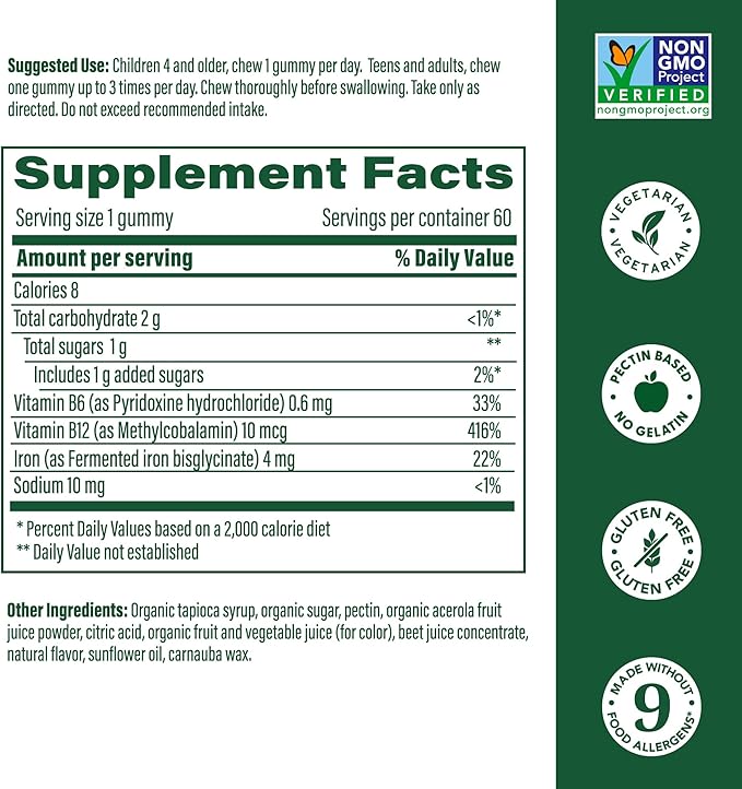 MegaFood Iron Energy Gummies - Vegan & Gluten-Free Iron Supplement for Women, Men, Teens & Kids with Vitamin B12 & B6, from The Makers of Blood Builder Iron Supplement, Strawberry Flavor - 60 Gummies