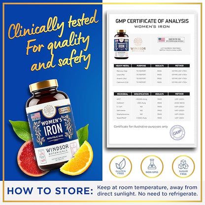 Iron Supplement for Women with Folic Acid - 35mg Gentle Iron, 667mcg Folate Vitamin B9 - Anemia, Period, Pregnancy Support Prenatal Iron Supplements Ferrous Sulfate Pills - 180 Vegan Iron Tablets