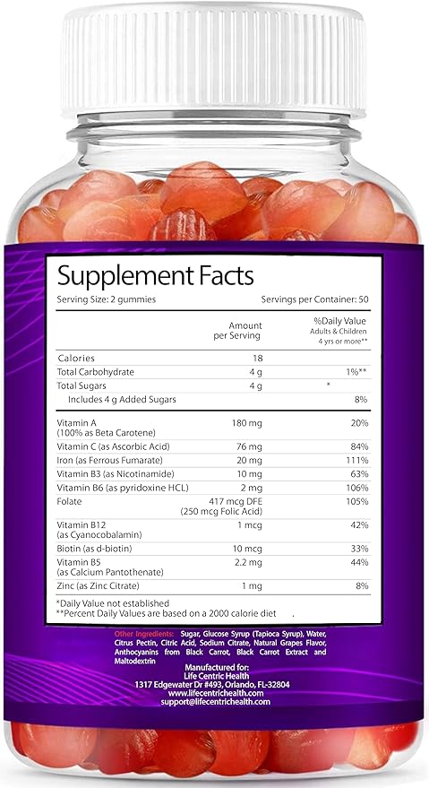 LifeCentricHealth Iron Gummies for Adults & Kids | Biotin Zinc Vitamin B Folic Acid Gummies | Vegan Gluten Free Blood Builder Anemia Supplements | Tasty Energy Boosting Iron Supplement for Women & Men