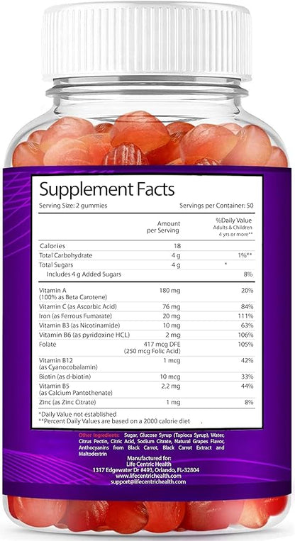 LifeCentricHealth Iron Gummies for Adults & Kids | Biotin Zinc Vitamin B Folic Acid Gummies | Vegan Gluten Free Blood Builder Anemia Supplements | Tasty Energy Boosting Iron Supplement for Women & Men