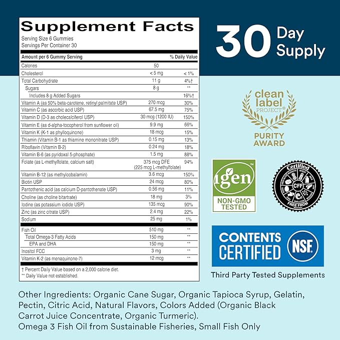 SmartyPants Multivitamin for Men & Women: Multivitamin Gummies with Vitamin D3, C, Vitamin B12, B6, Vitamin A, K & Zinc, Omega 3 Fish Oil (EPA/DHA), Gluten Free, 180 Count (30 Day Supply)