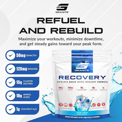 Granite Recovery for Intra & Post Workout |10g Aminos, Electrolytes, Cluster Dextrin for Muscle Recovery & Growth | Amino Acids Supplement with Sensoril | 20 Servings | Blue Crush Flavor