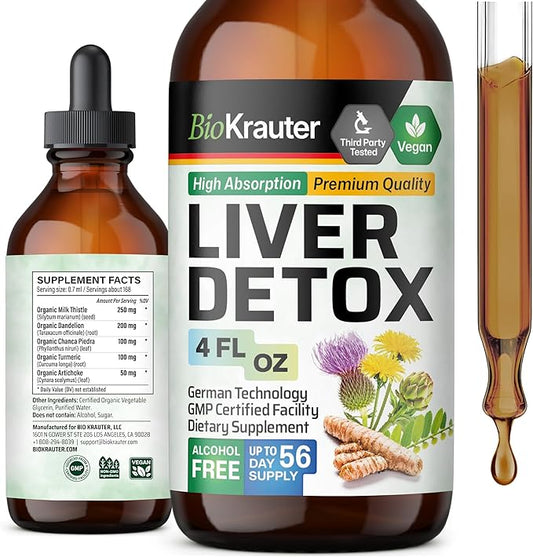 BIO KRAUTER Liver Detox Liquid - Liver Cleanse Detox Liquid Drops - Milk Thistle, Chanca Piedra, Turmeric, Dandelion, Artichoke - Liver Tincture - Vegan Drops 4 Fl. Oz.