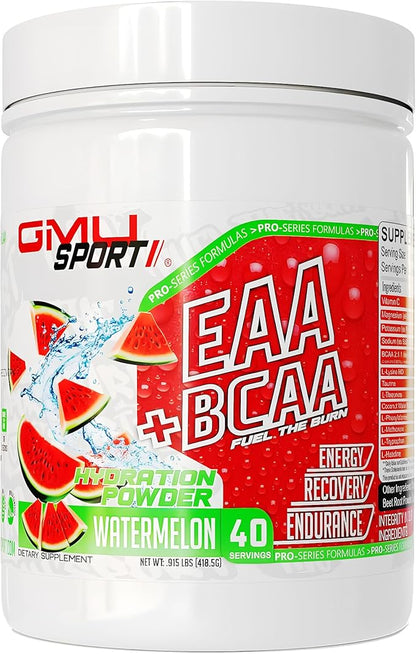 GMU SPORT - BCAA & EAA Hydration & Recovery Powder -Full Essential Amino Acids Profile Hydration Powder for Energy, Fast Recovery & Endurance - 40 Servings, Electrolyte Drink for Athletes (Watermelon)