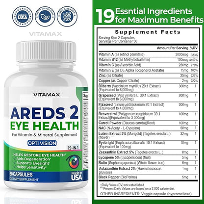 AREDS 2 Eye Vitamins - Lutein, Zeaxanthin, Bilberry, Astaxanthin Mineral Vision Supplement - Supports Eye Strain, Dry Eyes, Pressure, and Vision Health - Made in USA (60ct (Pack of 1))