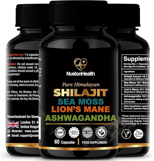 Shilajit, Sea Moss, Lion's Mane, and Ashwagandha Capsules - Comprehensive All-in-One Wellness Supplement for Mind, Body, and Vitality - 60 Vegan Capsules