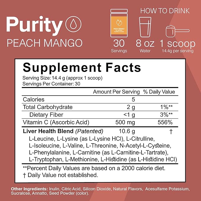 Purity - Liver Support Supplement with Essential Amino Acids for Liver Detox Cleanse - Boost Liver Health for Optimal Liver Support- Peach Mango, 30 Servings
