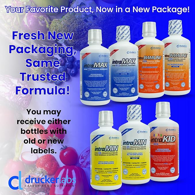 DRUCKER Labs 2.0 (Peach Mango) & intraMIN (Tropical Fruit) - Organic Liquid Trace Minerals, Liquid Multivitamin, Immune Support, Non GMO, Dairy Free, Gluten Free, Vegan (32 oz. Each)