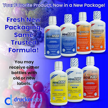 DRUCKER Labs 2.0 (Peach Mango) & intraMIN (Tropical Fruit) - Organic Liquid Trace Minerals, Liquid Multivitamin, Immune Support, Non GMO, Dairy Free, Gluten Free, Vegan (32 oz. Each)