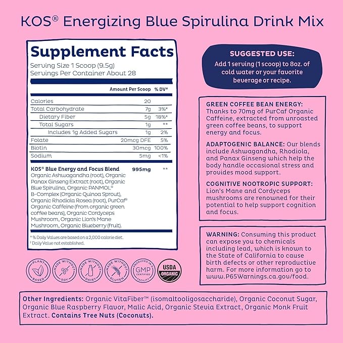 KOS Energizing Blue Spirulina Blend - USDA Certified Organic - B Vitamins, Ashwagandha, Ginseng, Adaptogens, Biotin - Vegan Pre Workout Powder - Caffeinated, Berry Flavored, 28 Servings