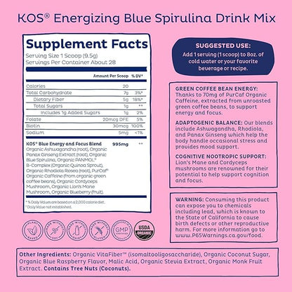 KOS Energizing Blue Spirulina Blend - USDA Certified Organic - B Vitamins, Ashwagandha, Ginseng, Adaptogens, Biotin - Vegan Pre Workout Powder - Caffeinated, Berry Flavored, 28 Servings