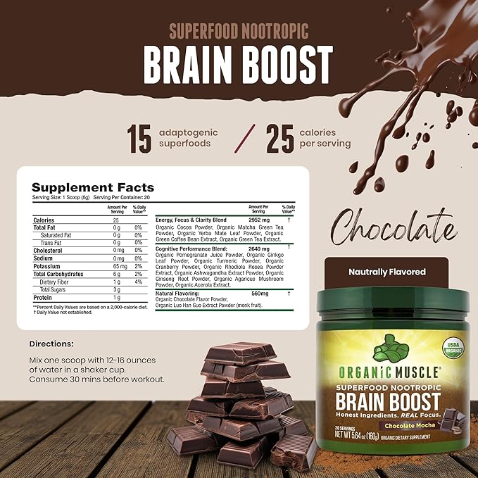 Organic Muscle Brain Boost Nootropics Blend - Vegan & Organic Superfood Health Supplements for Focus, Memory & Productivity with Ashwagandha, Ginkgo & Ginseng - Chocolate Flavor, 20 Servings