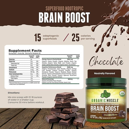 Organic Muscle Brain Boost Nootropics Blend - Vegan & Organic Superfood Health Supplements for Focus, Memory & Productivity with Ashwagandha, Ginkgo & Ginseng - Chocolate Flavor, 20 Servings