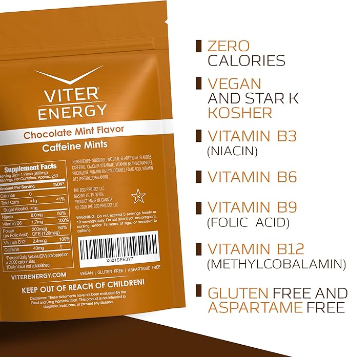 Viter Energy Caffeinated Mints 40mg Caffeine, B Vitamins, Sugar Free. (Chocolate Mint, 8oz, Bulk Bag)