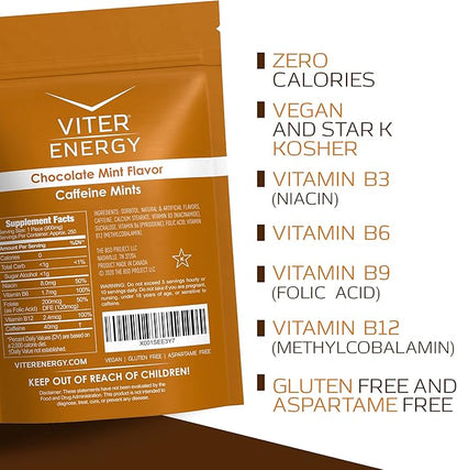 Viter Energy Caffeinated Mints 40mg Caffeine, B Vitamins, Sugar Free. (Chocolate Mint, 8oz, Bulk Bag)
