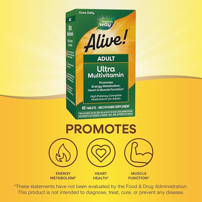 Nature's Way Alive! Adult Ultra Multivitamin, Promotes Energy Metabolism, Heart & Muscle Function*, with B-Vitamins Including Methylated B12, Gluten Free, 60 Tablets (Packaging May Vary)