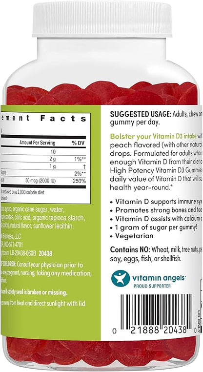 Rainbow Light Vitamin D Gummies, High Potency Vitamin D3 2,000IU Immune Health Support, Helps Support Strong Bones & Teeth, Gluten Free, Vegan, Peach, 60 Gummies