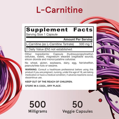 Jarrow Formulas L-Carnitine 500 mg, Dietary Supplement, Support for Cellular Energy Production, 50 Veggie Capsules, 50 Day Supply