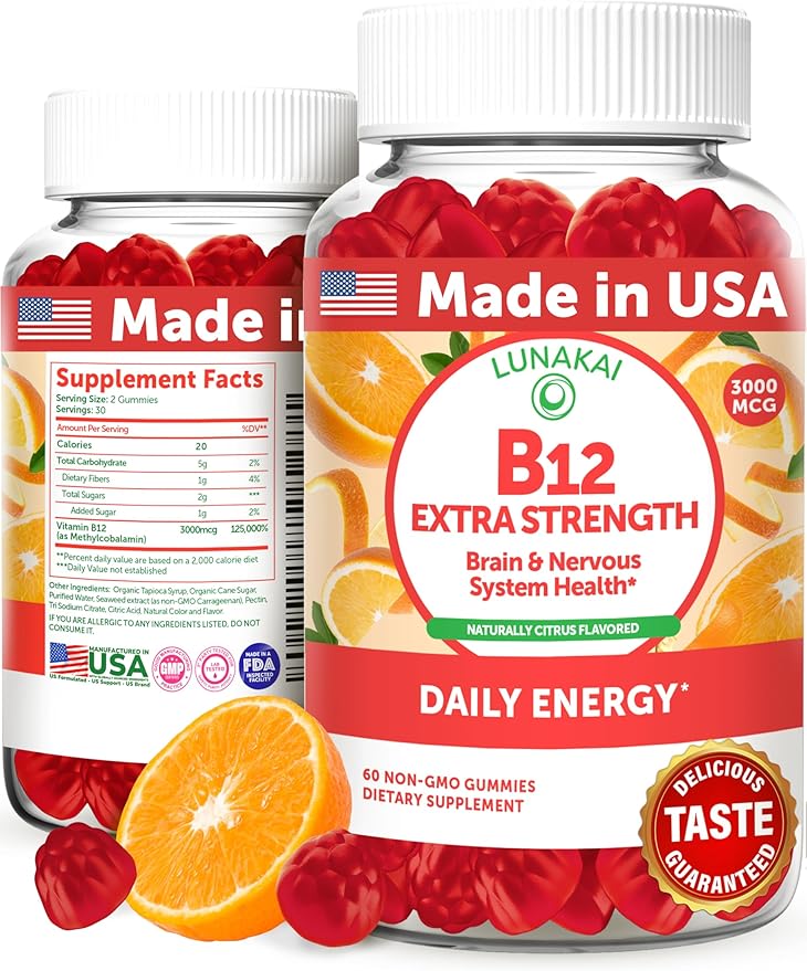 Lunakai Extra Strength 3000mcg Vitamin B12 Gummies - USA Made, Delicious Daily Energy & Metabolism Support - Vegan B12 Methylcobalamin Supplement 60ct