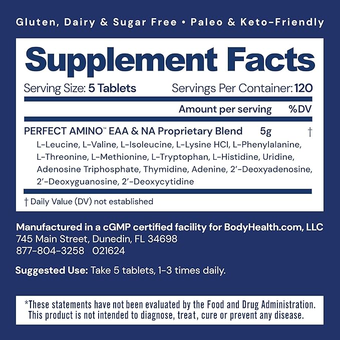 BodyHealth PerfectAmino, Essential Amino Acid with BCAAs + Lysine, Phenylalanine, Threonine, Methionine, Tryptophan, Supplement for Muscle Mass Production, Recovery & Strength (600 ct)