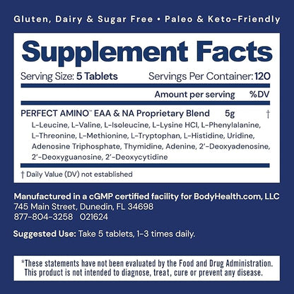 BodyHealth PerfectAmino, Essential Amino Acid with BCAAs + Lysine, Phenylalanine, Threonine, Methionine, Tryptophan, Supplement for Muscle Mass Production, Recovery & Strength (600 ct)