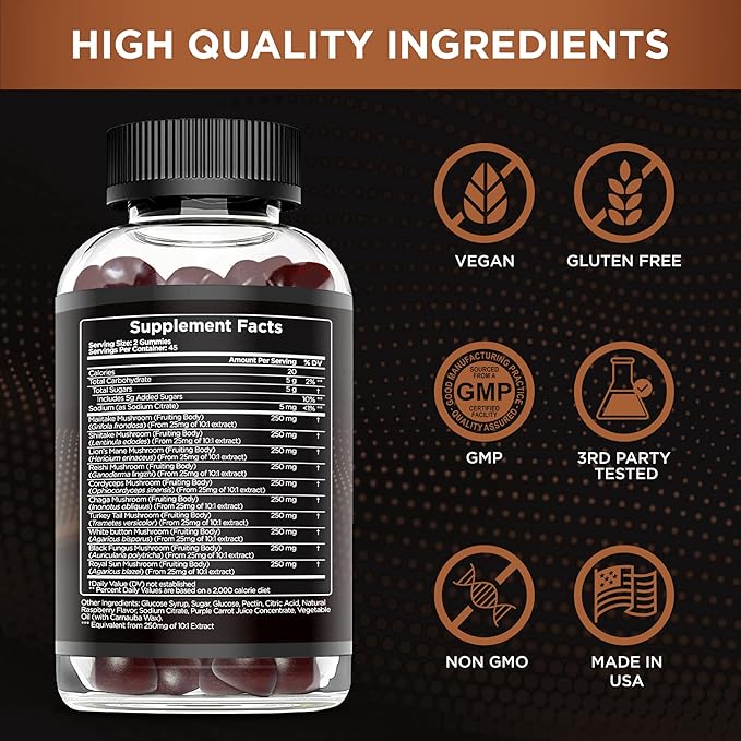Mushroom Gummies 10 Blend - Mushroom Complex 2500mg - Mushroom Supplement for Men & Women - Brain Booster, Immune Support, Energy 90ct (2-Pack)
