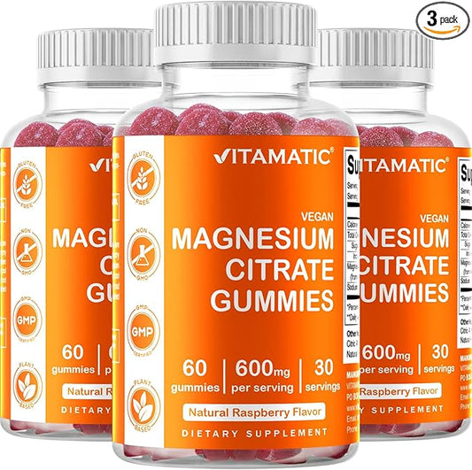 3 Pack - Vitamatic Magnesium Gummies 600mg per Serving - 60 Vegan Gummies - Promotes Healthy Relaxation, Muscle, Bone, & Energy Support