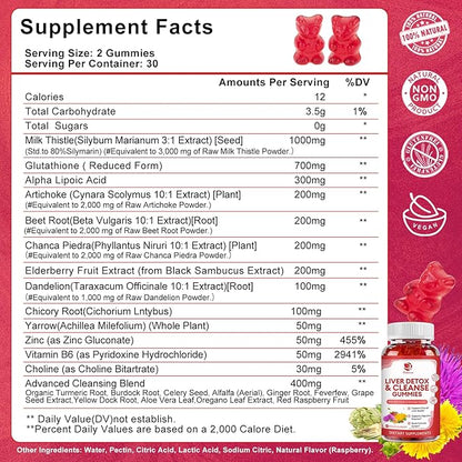 Liver Cleanse Detox & Repair Gummies - 24 Potent Herb w/3000MG Milk Thistle Silymarin, Dandelion, Artichoke Extract & Elderberry - No Sugar, Raspberry Flavor - 180 Count