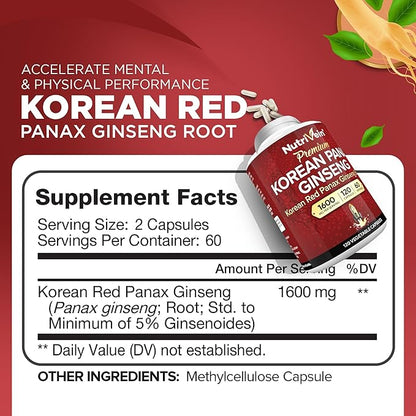 Nutrivein Korean Red Panax Ginseng 1600mg - 120 Capsules - High Potency for Energy, Focus, Performance, Vitality & Immune Support - for Men and Women