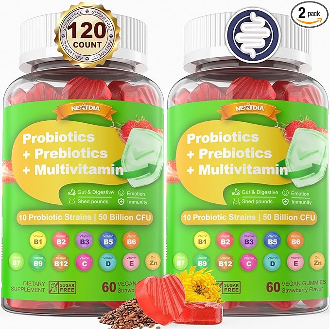 Probiotic Gummies with Prebiotics and Multivitamins, 50 Billion CFUs Probiotics,with Inulin,Psyllium Husk,Vitamin B Complex,C,D,E,Zinc. Supports Gut Health,Digestion,M-ood,and Immune Health,Sugar Free