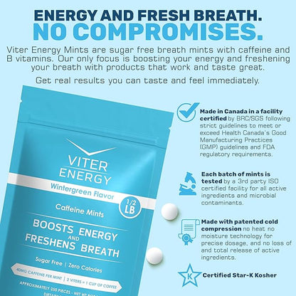 Viter Energy Caffeinated Mints 40mg Caffeine, B Vitamins, Sugar Free. (Wintergreen, 8oz, Bulk Bag)