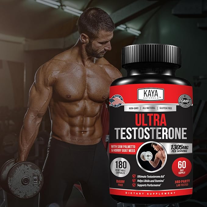 Kaya Naturals UltraTest- Men's T Booster with Tongkat Ali, Horny Goat Weed, Tribulus - Natural Workout Supplement for Energy, Stamina, and Strength Booster - 180 Count