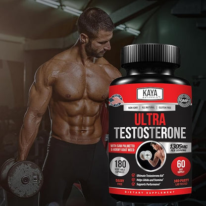 Kaya Naturals UltraTest- Men's T Booster with Tongkat Ali, Horny Goat Weed, Tribulus - Natural Workout Supplement for Energy, Stamina, and Strength Booster - 180 Count