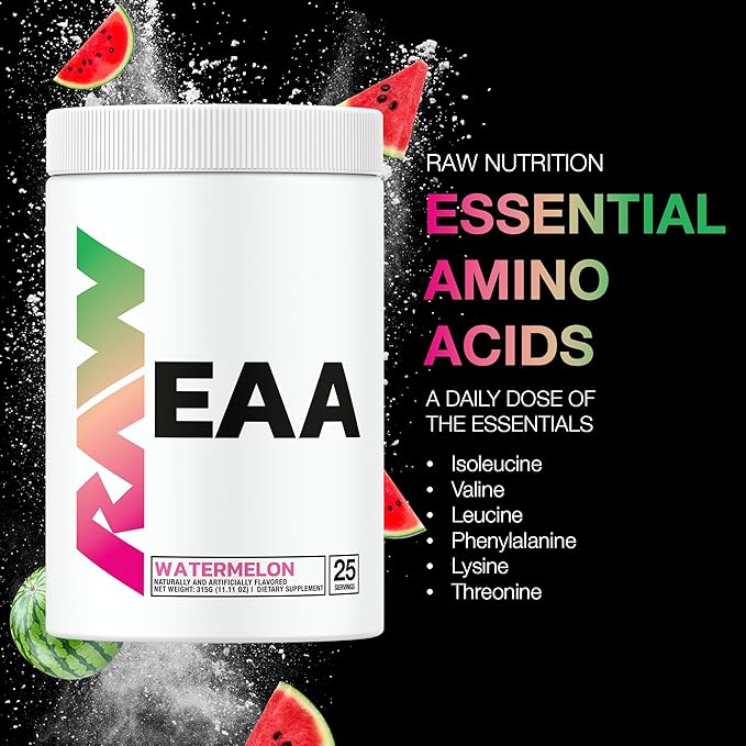 RAW EAA Amino Acids Powder, Watermelon (25 Servings) - Pre Workout Amino Energy Powder for Strength, Endurance, Recovery & Lean Muscle Growth - BCAA Amino Acids Supplement for Men & Women