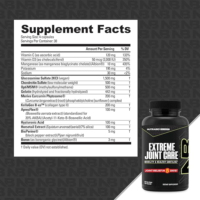 NutraBio Extreme Joint Care - Joint Support Supplement for Joint Relief, Pain-Free Movement - Supports Healthy Joints, Mobility, and Cartilage- Full Joint and Musculoskeletal Support - 120 Capsules