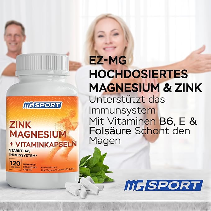 Magnesium Zinc Supplement with Vitamins B6, B9, High Absorption Zinc Magnesium Combination for Immune Support, Muscle Recovery, EZ-MG Easy on Stomach, 120 Capsules