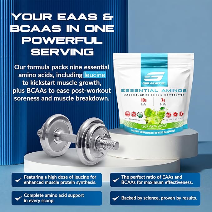 Granite 10g Essential Amino Acids Powder | Muscle Recovery Supplement for Muscle Growth | 7g BCAA Powder with Electrolytes | 30 Servings | Green Apple Flavor | Soy & Gluten Free | Made in USA