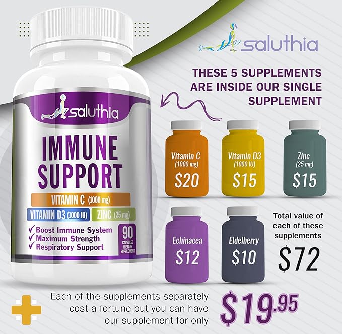 Immune Support Vitamins - Powerful Blend of Vitamin C (1.000 mg), Vitamin D3, Zinc, Elderberries, Colostrum, Echinacea -Immunity Booster and Respiratory Support