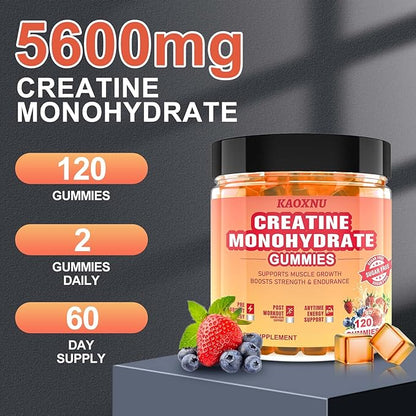 Creatine Monohydrate Gummies 5600mg for Men & Women, 120CT Chewable Creatine Gummies for Muscle Support, Energy Boost, 5.6g of Creatine Monohydrate per Serving - Sugar Free (Blueberry strawberry)