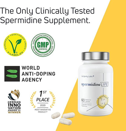 spermidineLIFE Natural Supplement, Plant-Based, Wheat Germ Extract with High Spermidine Content and Zinc for Cell Renewal, Vegan-Friendly, 60 Capsules