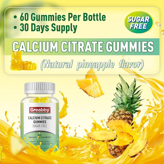 Calcium Citrate Gummies 1200 mg for Kids & Adults, Sugar Free, with Vitamin D3, K2, Magnesium, Zinc, Bone Support for Women & Elders, Natural Pineapple Flavor, 120 Gummies