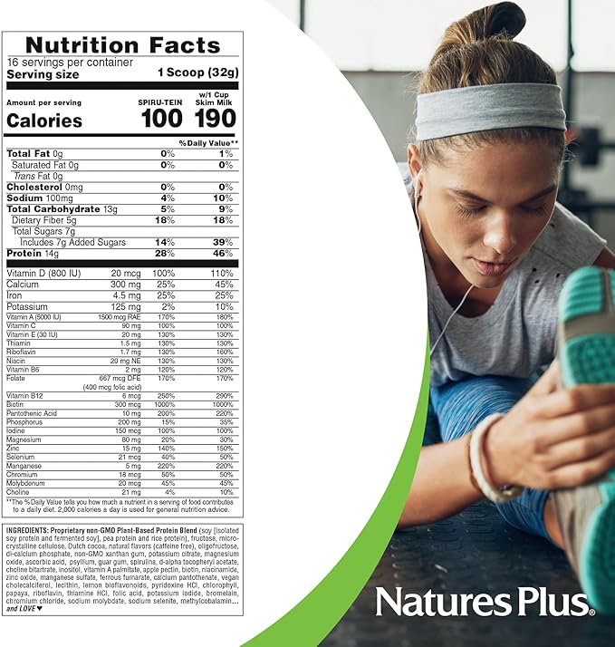 NaturesPlus SPIRU-TEIN Shake - Cappuccino Flavor - 1.1 lbs, Spirulina Protein Powder - Plant Based Meal Replacement, Vitamins & Minerals For Energy - Vegetarian, Gluten-Free - 16 Servings