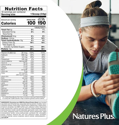 NaturesPlus SPIRU-TEIN Shake - Cappuccino Flavor - 1.1 lbs, Spirulina Protein Powder - Plant Based Meal Replacement, Vitamins & Minerals For Energy - Vegetarian, Gluten-Free - 16 Servings