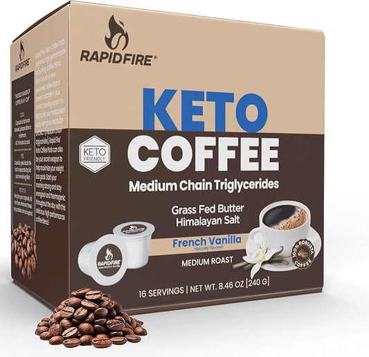 Rapidfire French Vanilla Ketogenic High Performance Keto Coffee Pods, Supports Energy & Metabolism, Weight Management, Single Serve K Cup, Brown, 16 Count